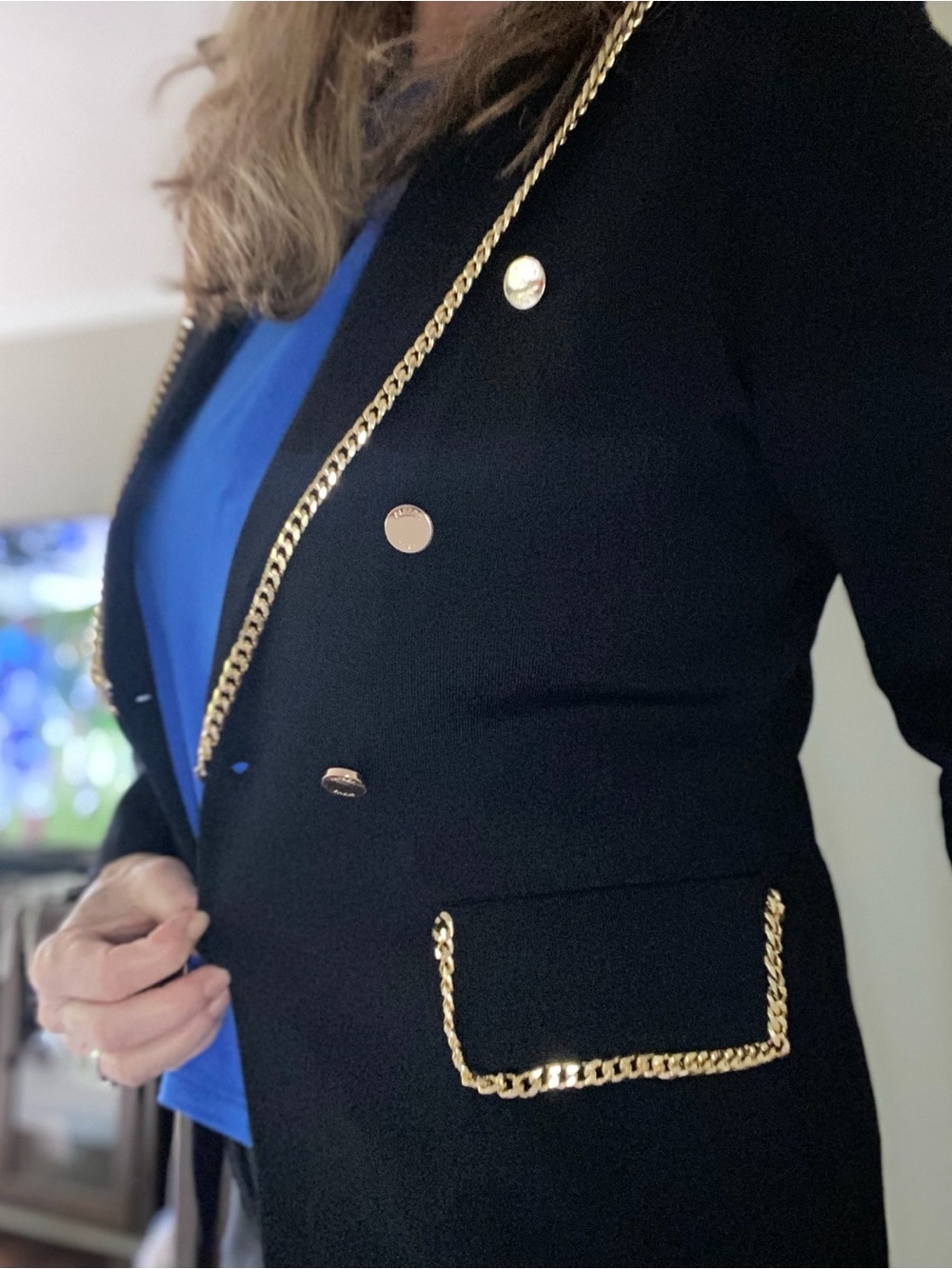 Aleeza Paris Odette Jacket XL, double breasted blazer black, gold chain detail - Picture 10 of 10